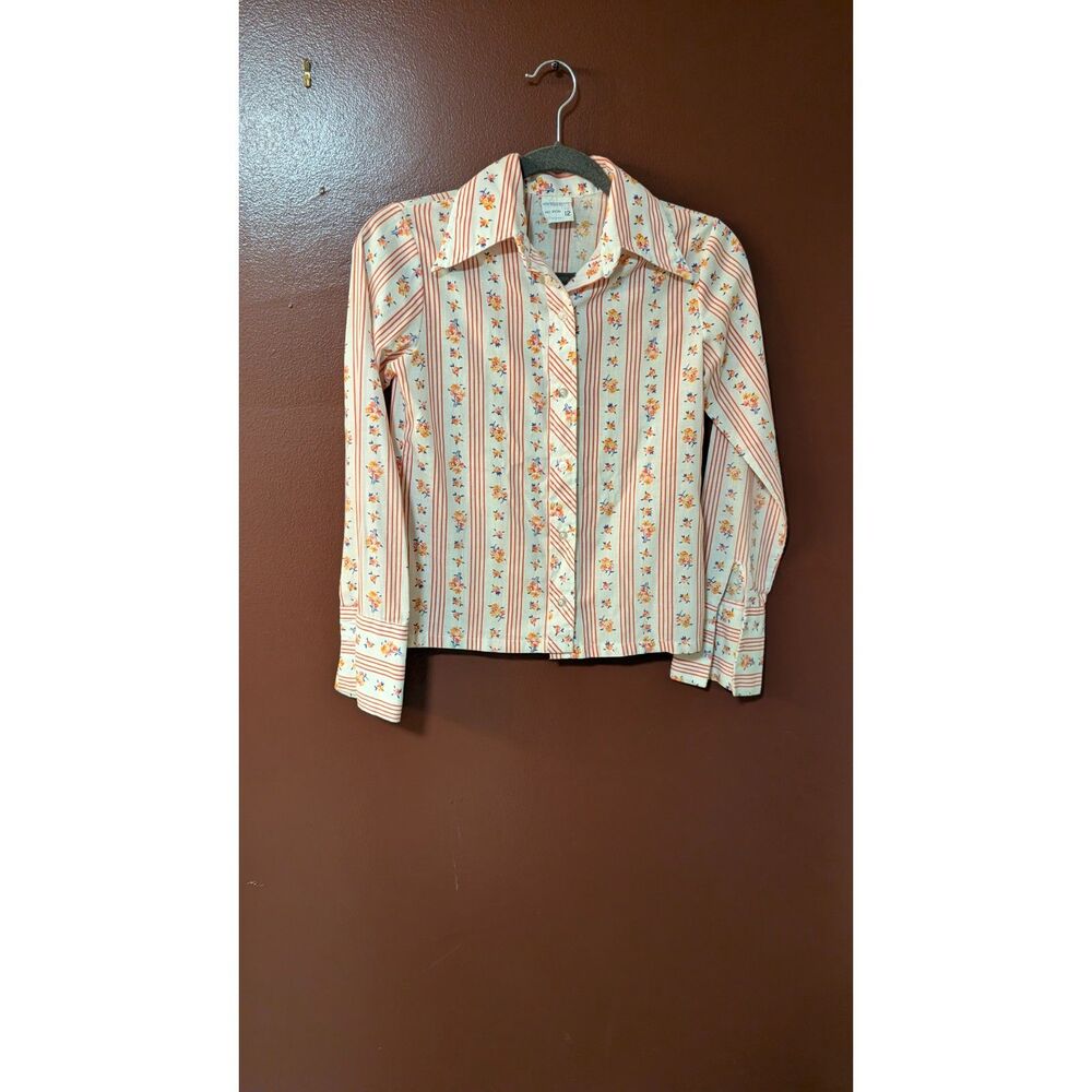 Vintage 70s JCPenney Floral Stripe Blouse Size 12 Point Collar Cottagecore